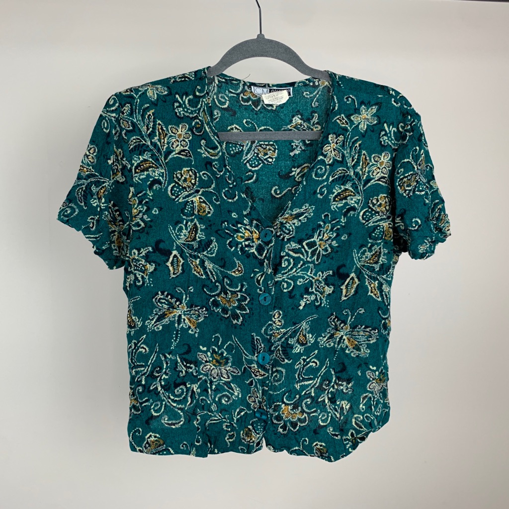 Green Patterned Crop Button Down Blouse